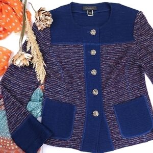 St. John Women's Gold Buttoned Blue Red Tweed Cardigan Blazer Sz 8